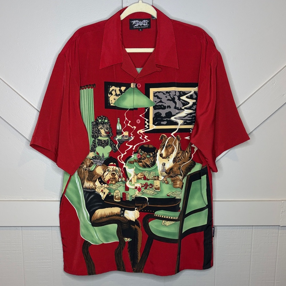 Vintage Dragonfly Men’s XL Shirt Red 90s Poker Dogs All Over Graphic Button Up